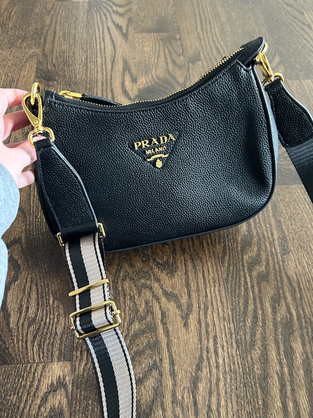 Prada Black Pebbled Leather Crossbody with Gold Hardware